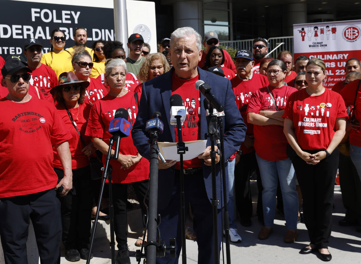 Ted Pappageorge, secretary-treasurer for the Culinary Workers Union, speaks about an NLRB lawsu ...