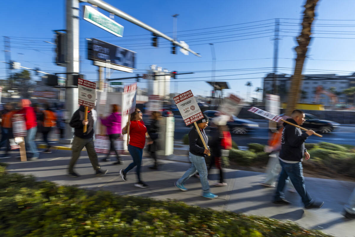 Culinary Local 226 workers on strike outside the garage off of E. Hard Rock at the Virgin Hotel ...