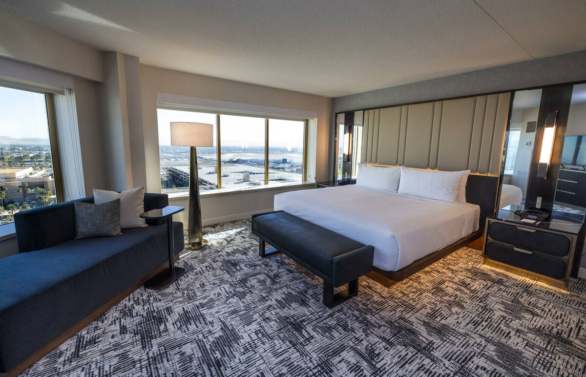 One of two bedrooms with a city view in a new suite as the MGM Grand is undergoing a $300 milli ...