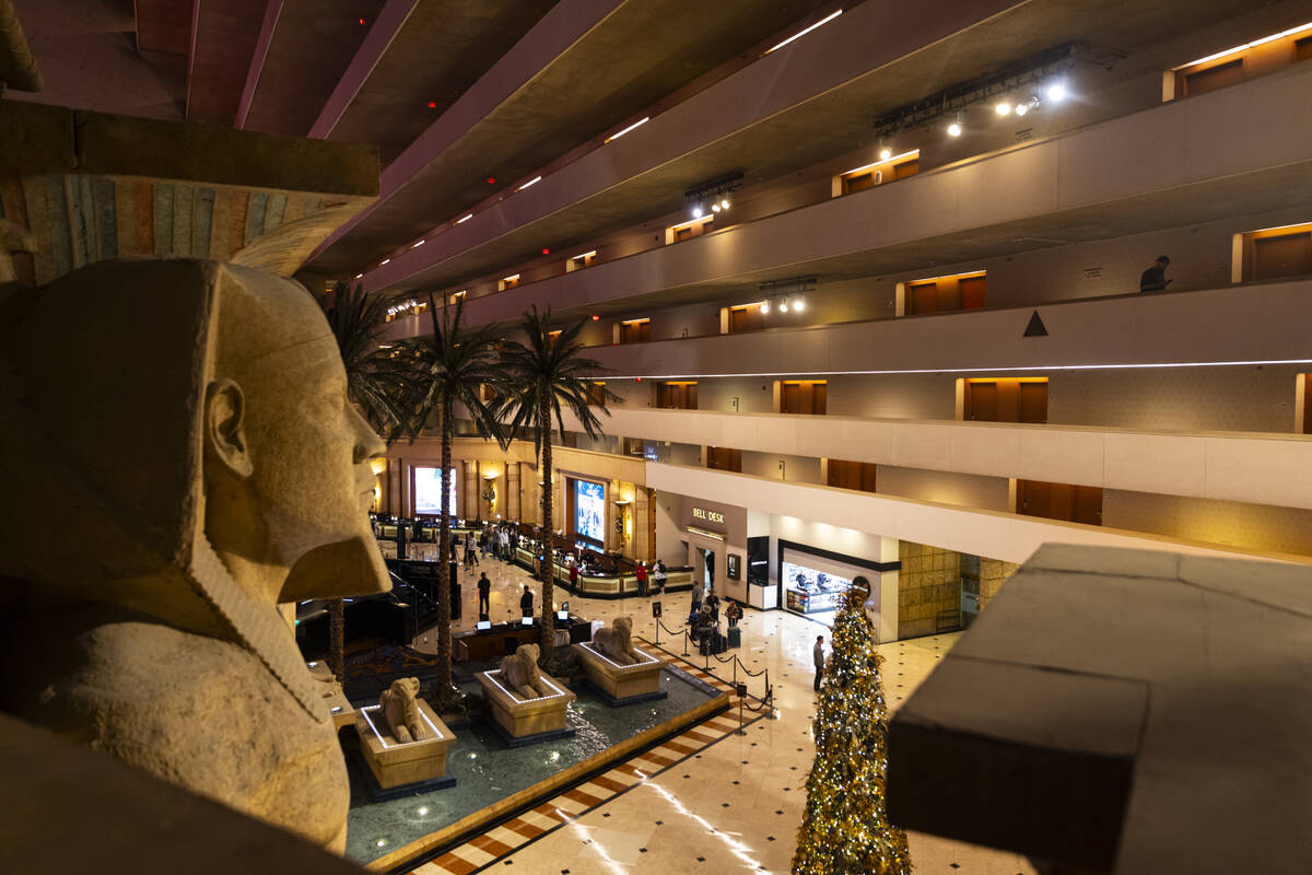 The lobby and registration areas at the Luxor are seen on Wednesday, Dec. 11, 2024, in Las Vega ...